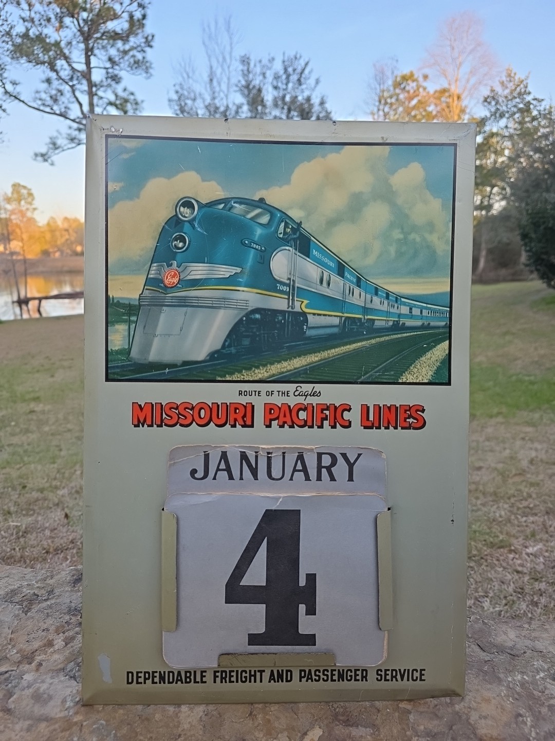 VTG GAS OIL GENERAL STORE TIN SIGN MISSOURI PACIFIC TRAIN LOCOMOTIVE CALENDAR