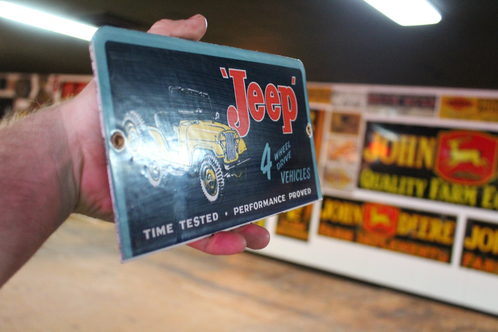 JEEP 4 WHEEL DRIVE VEHICLES DEALER PORCELAIN SIGN WILLY CJ7 WRANGLER CHEROKEE 66