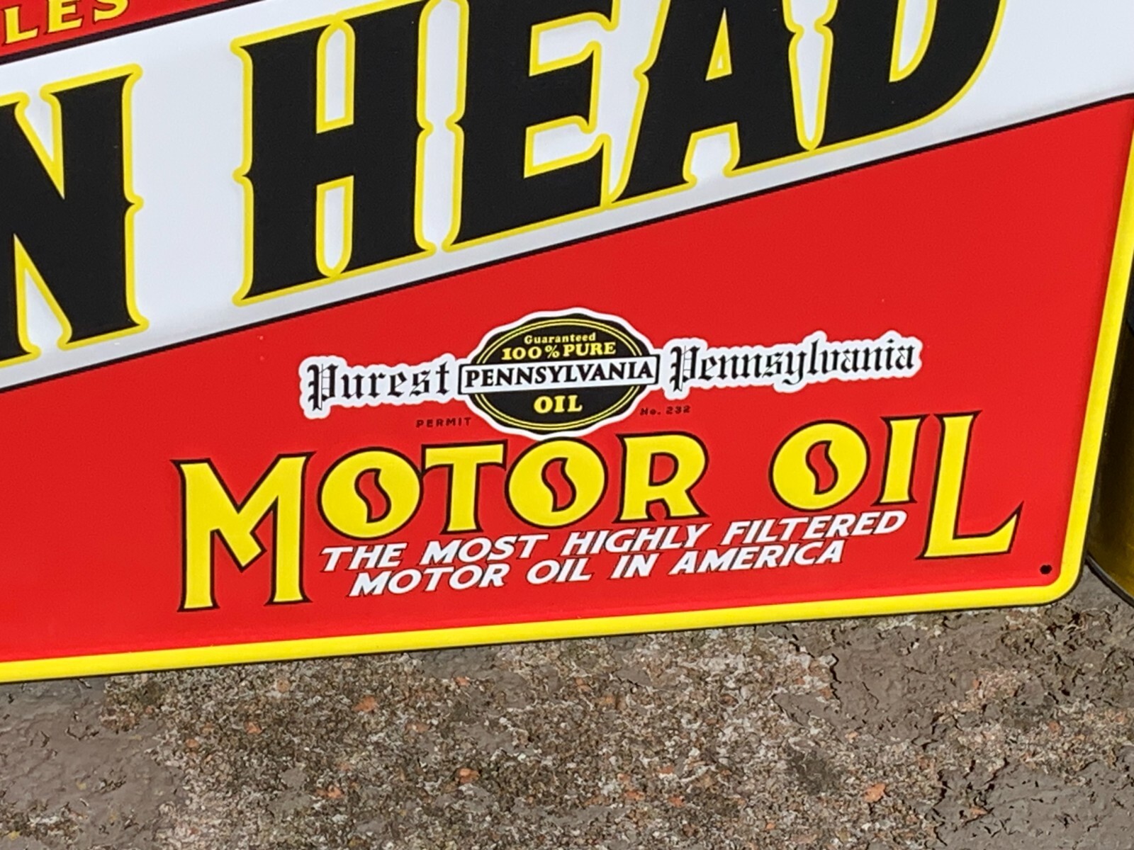 “LION HEAD MOTOR OIL” EMBOSSED METAL SIGN, (23.5″x 9.5″) EXCELLENT CONDITION