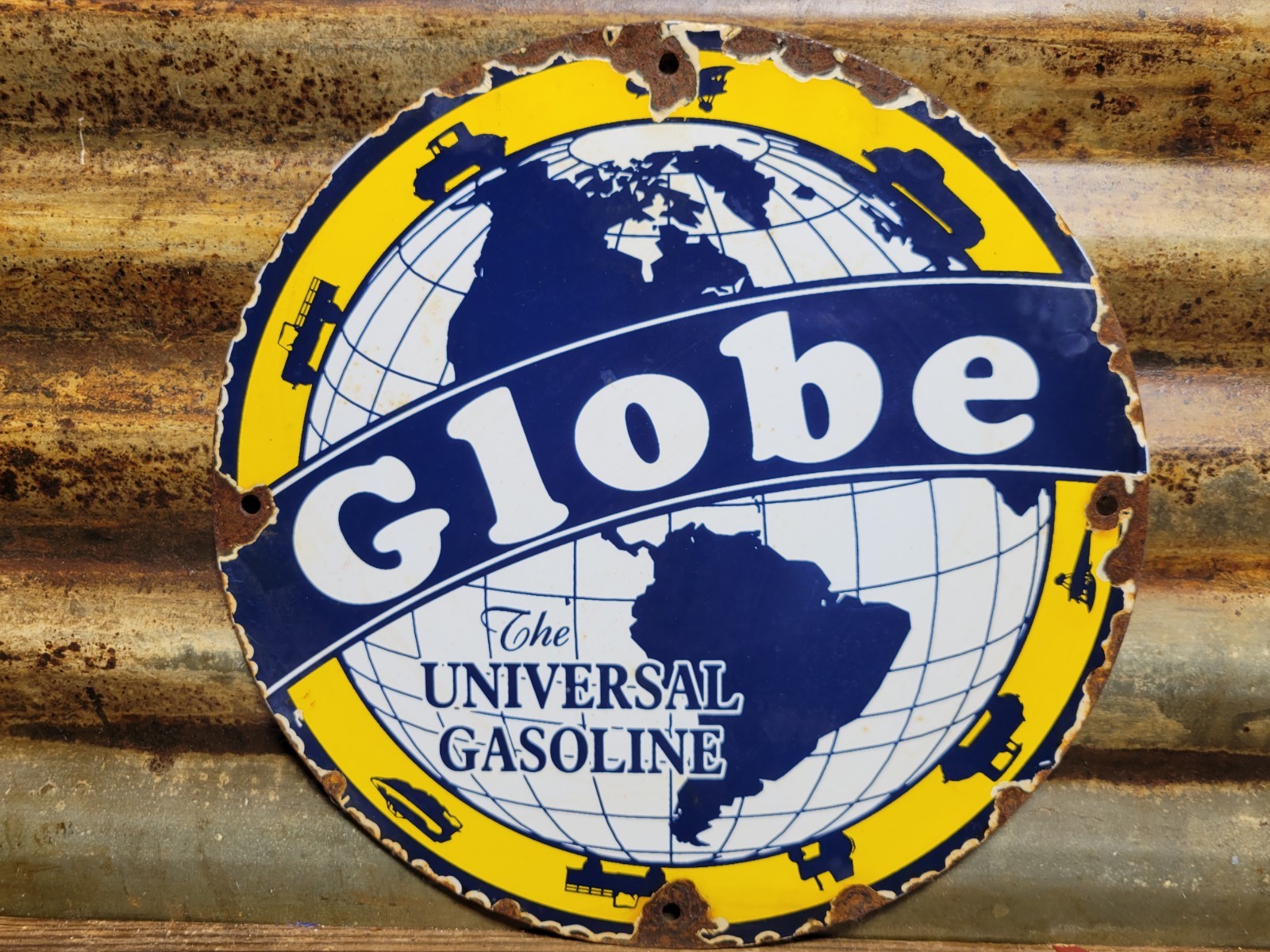 VINTAGE GLOBE PORCELAIN SIGN OLD UNIVERSAL GAS PUMP PLATE SERVICE STATION 12″