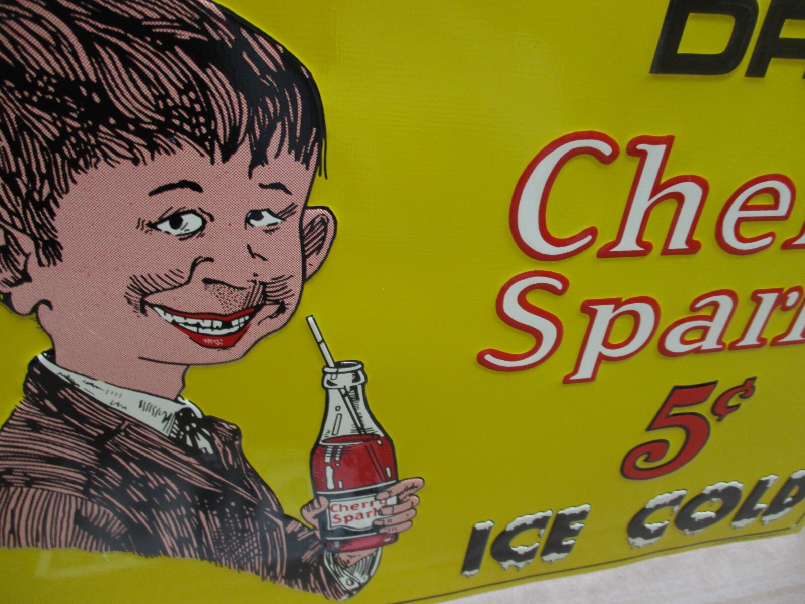 CHERRY SPARKLE – Ice Cold – EMBOSSED SIGN – Made in USA – SHOWS OLD GLASS BOTTLE