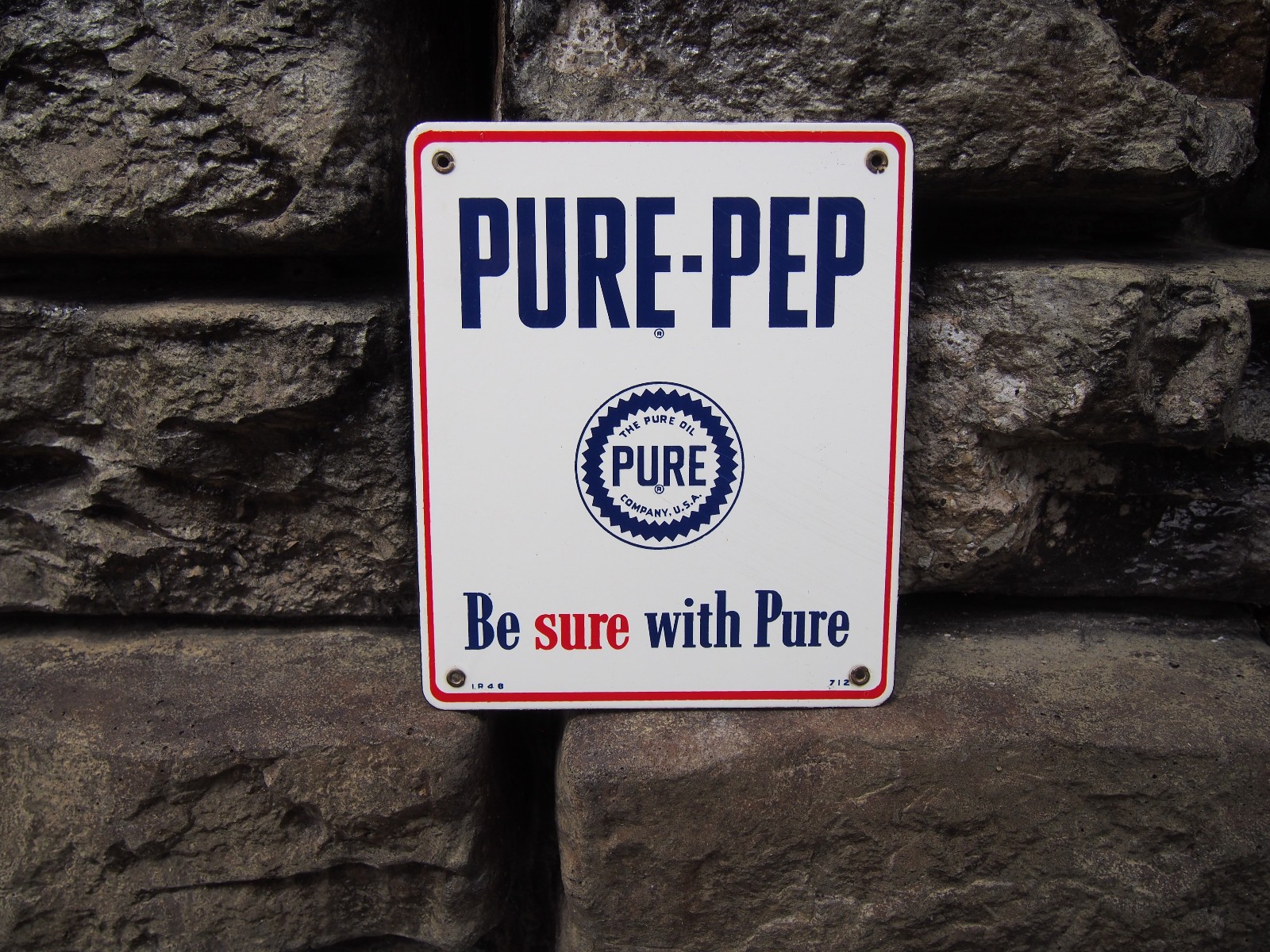 Vintage 1948 Pure-Pep Regular Gasoline Porcelain Pump Plate Sign 12”Pure Oil