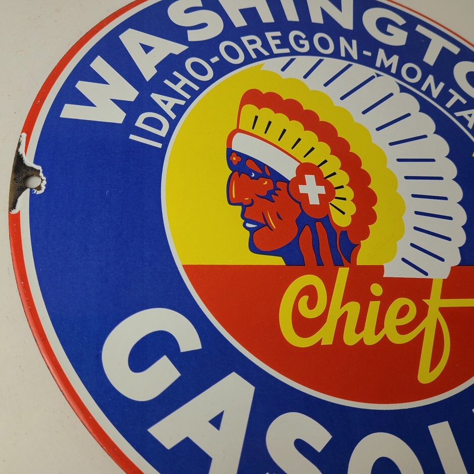 Vintage Washington Gasoline Sign – Indian Chief Gas Pump Porcelain Service Sign