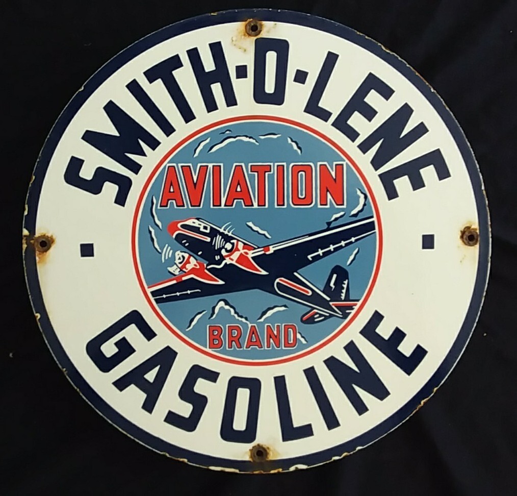 VINTAGE SMITH-O-LENE AVIATION GASOLINE / MOTOR OIL PORCELAIN GAS PUMP SIGN