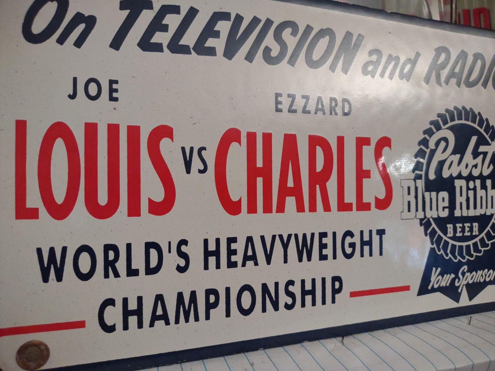 VINTAGE PABST BLUE RIBBON BEER PORCELAIN METAL SIGN OLD BOXING JOE LOUIS