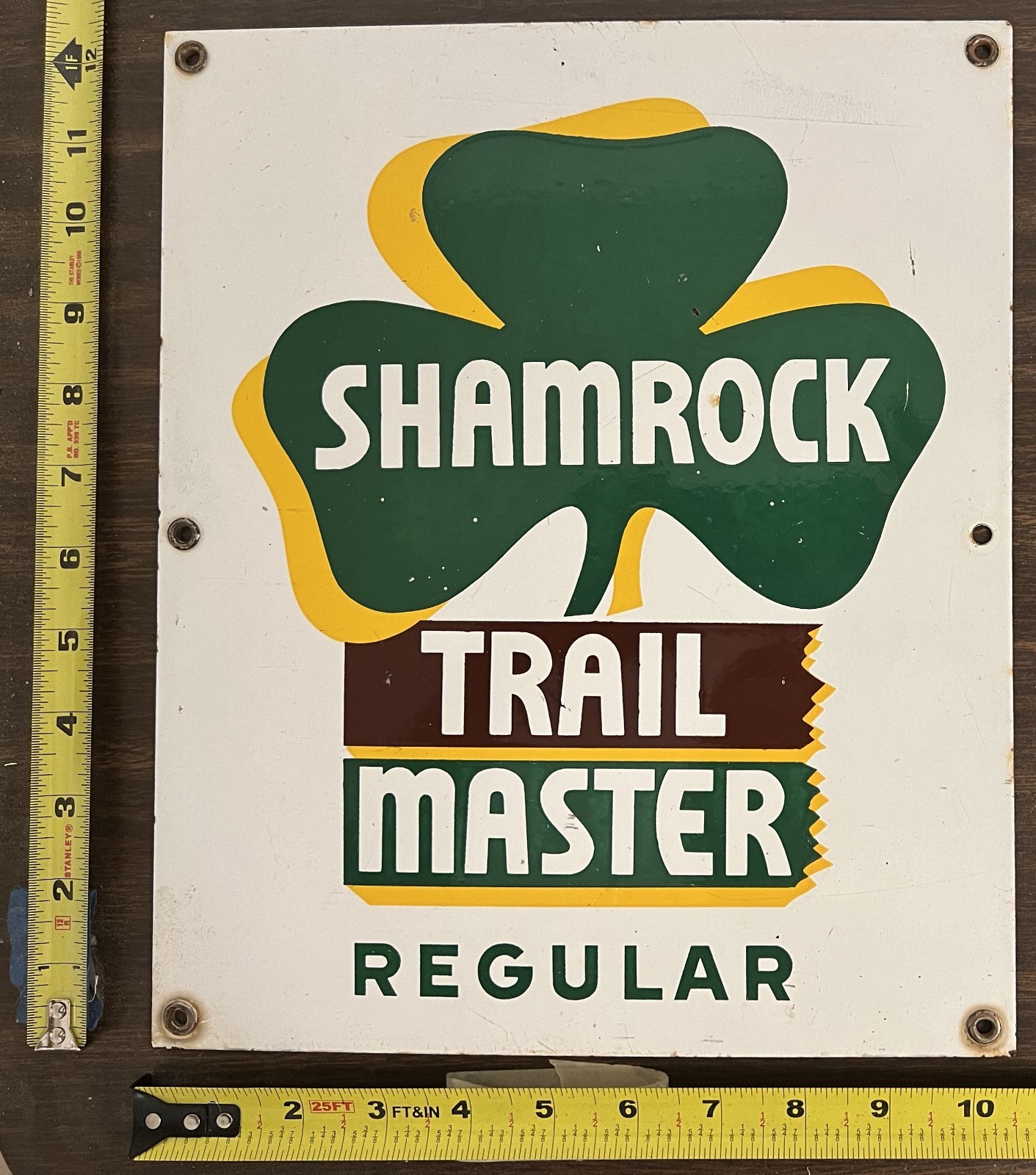 Vintage Porcelain Gas Pump Sign – Shamrock Trail Master Regular Pump Plate
