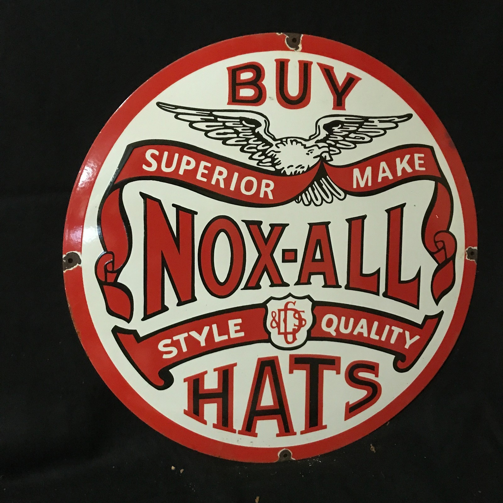 NOX -ALL HATS ADVERTISING PORCELAIN ENAMEL SIGN 30 IN ROUND SS