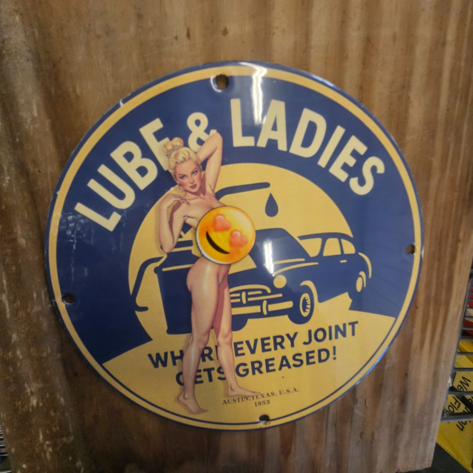PORCELAIN IN UP GIRL MODEL GAS & OIL STATION PUMP PLATE GARAGE MAN CAVE SIGN