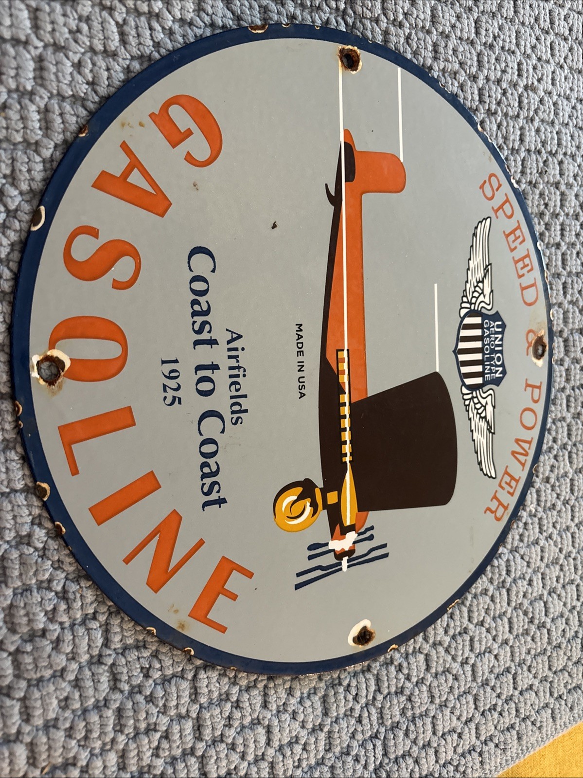 VINTAGE 1925 UNION GAS SPEED & POWER 12” STEEL GAS STATION PUMP SIGN! A1