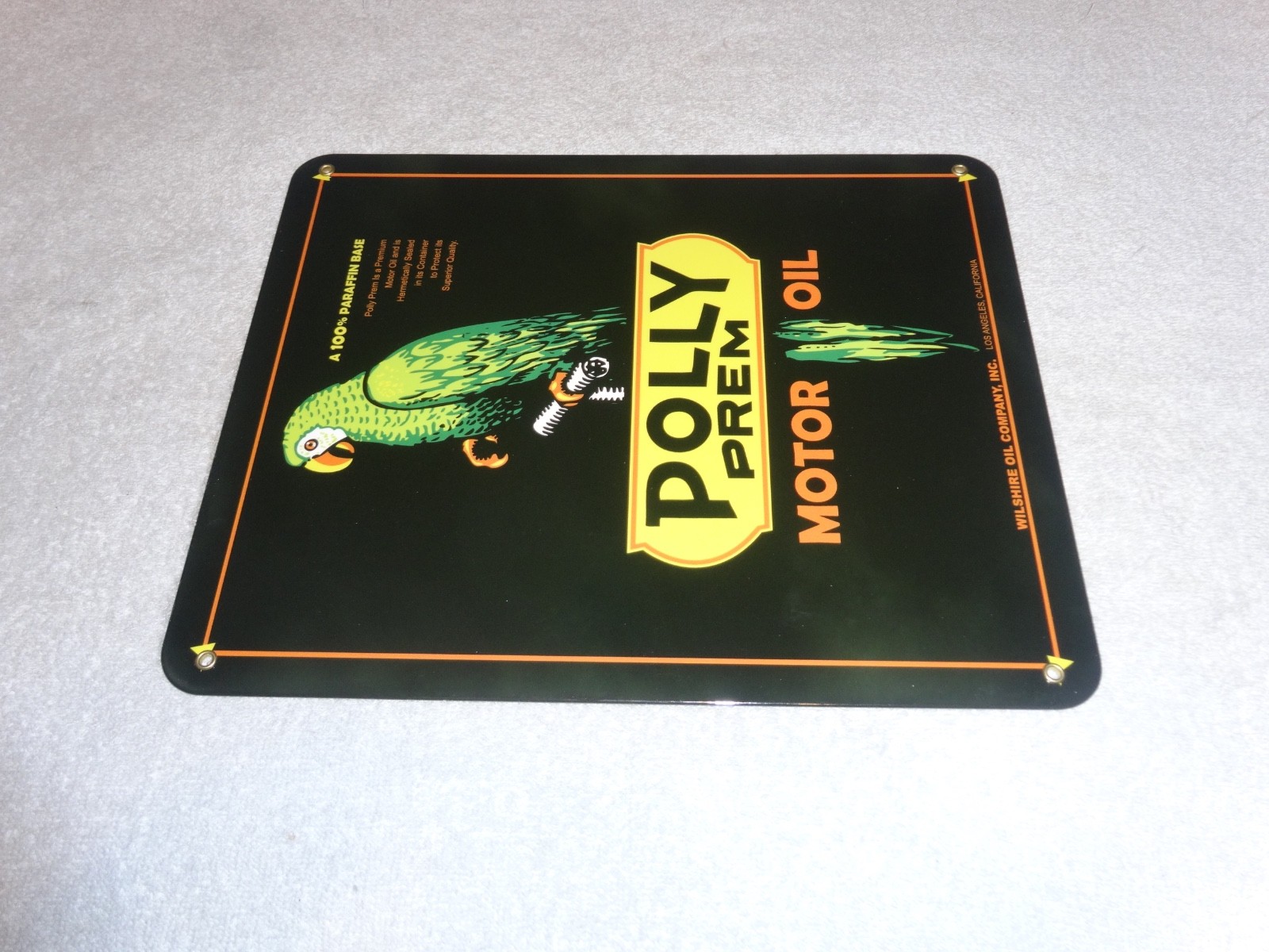 VINTAGE POLLY PREMIUM GASOLINE PARROT 12.5″ PORCELAIN METAL WILSHIRE CA OIL SIGN