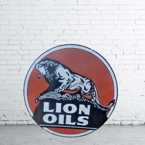 Lion Oils Pure Porcelain Enamel Heavy Metal Sign 30 Inches Double Side