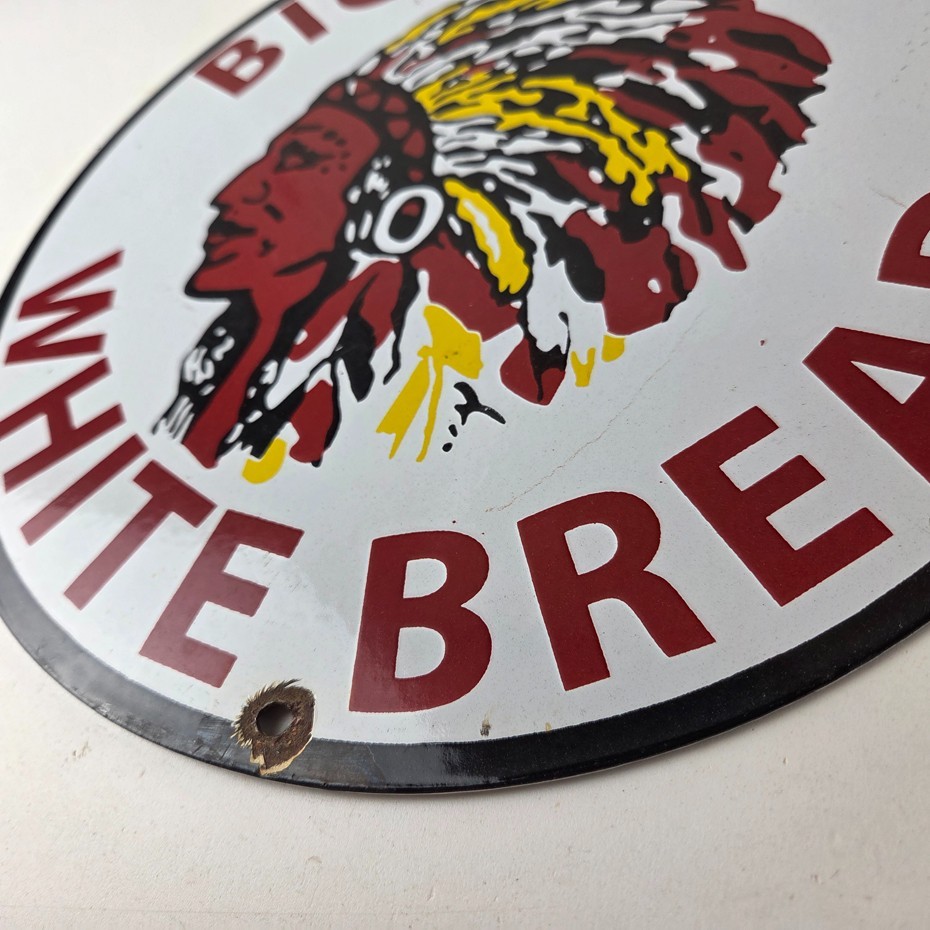 Vintage Big Chief Bread Sign – White Bread Grocery Store Gas Pump Porcelain Sign
