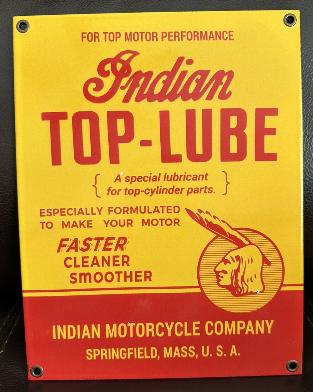 Indian Motorcycle Top-Lube Porcelain Sign Gas Oil Garage Vintage