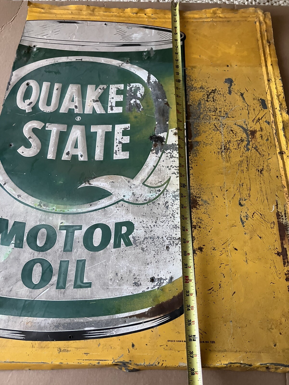 Quaker State Oil Advertising Sign Tin Litho Pressed Metal Letters 28”x 37” 1950s