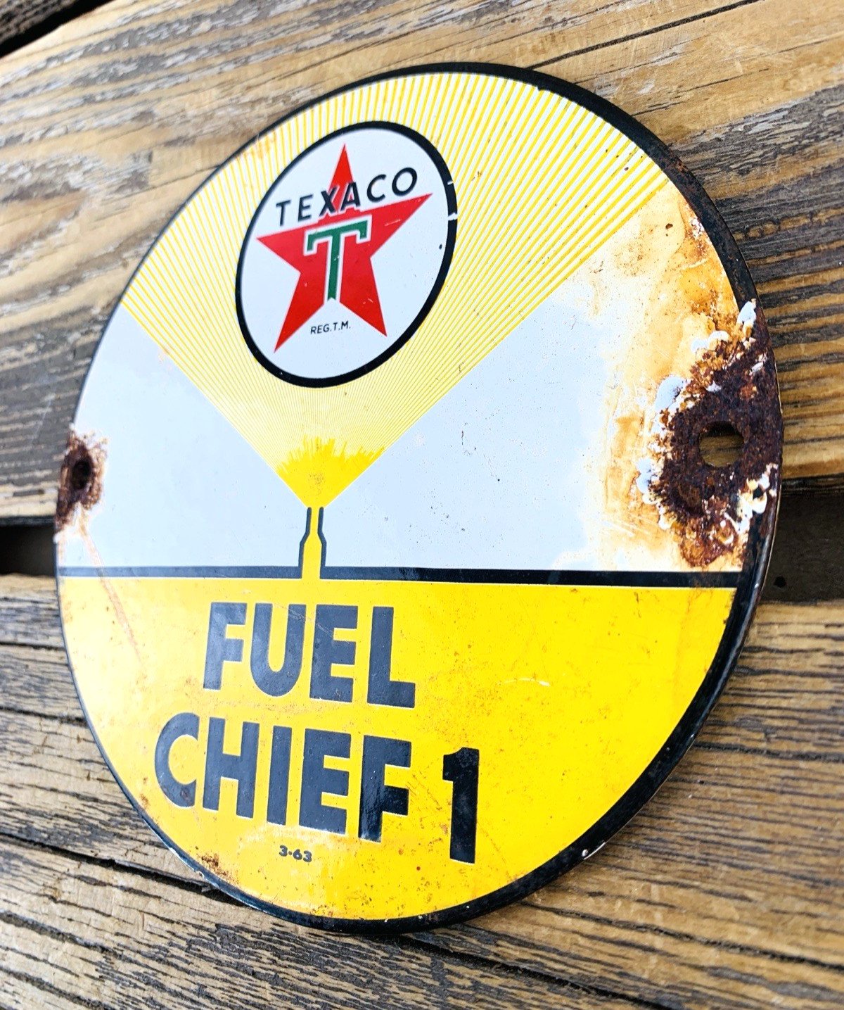 VINTAGE 6″ TEXACO FUEL CHIEF 1 OIL PORCELAIN SERVICE GASOLINE ADVERTISING SIGN