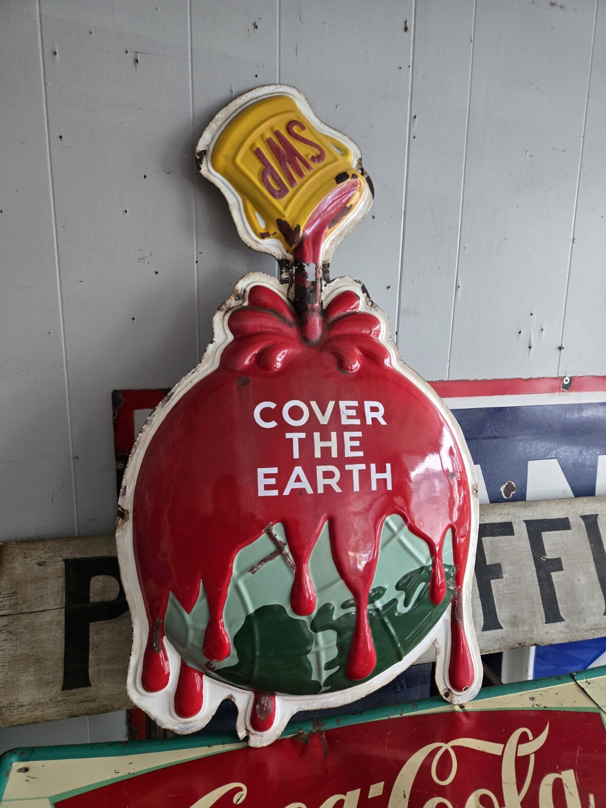 Original sherwin williams porcelain sign cover the planet 3D 1950’s RARE