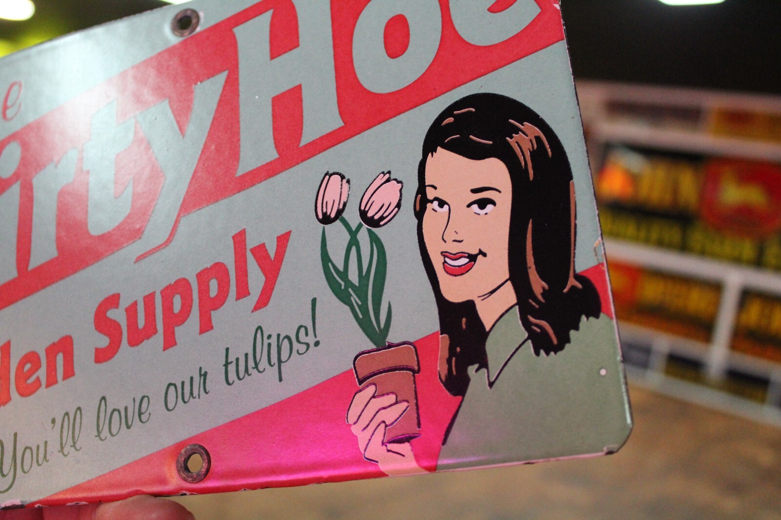 DIRTY HOE GARDEN SUPPLY PORCELAIN METAL SIGN BROTHEL VEGAS STRIP CLUB HOOKER GAS