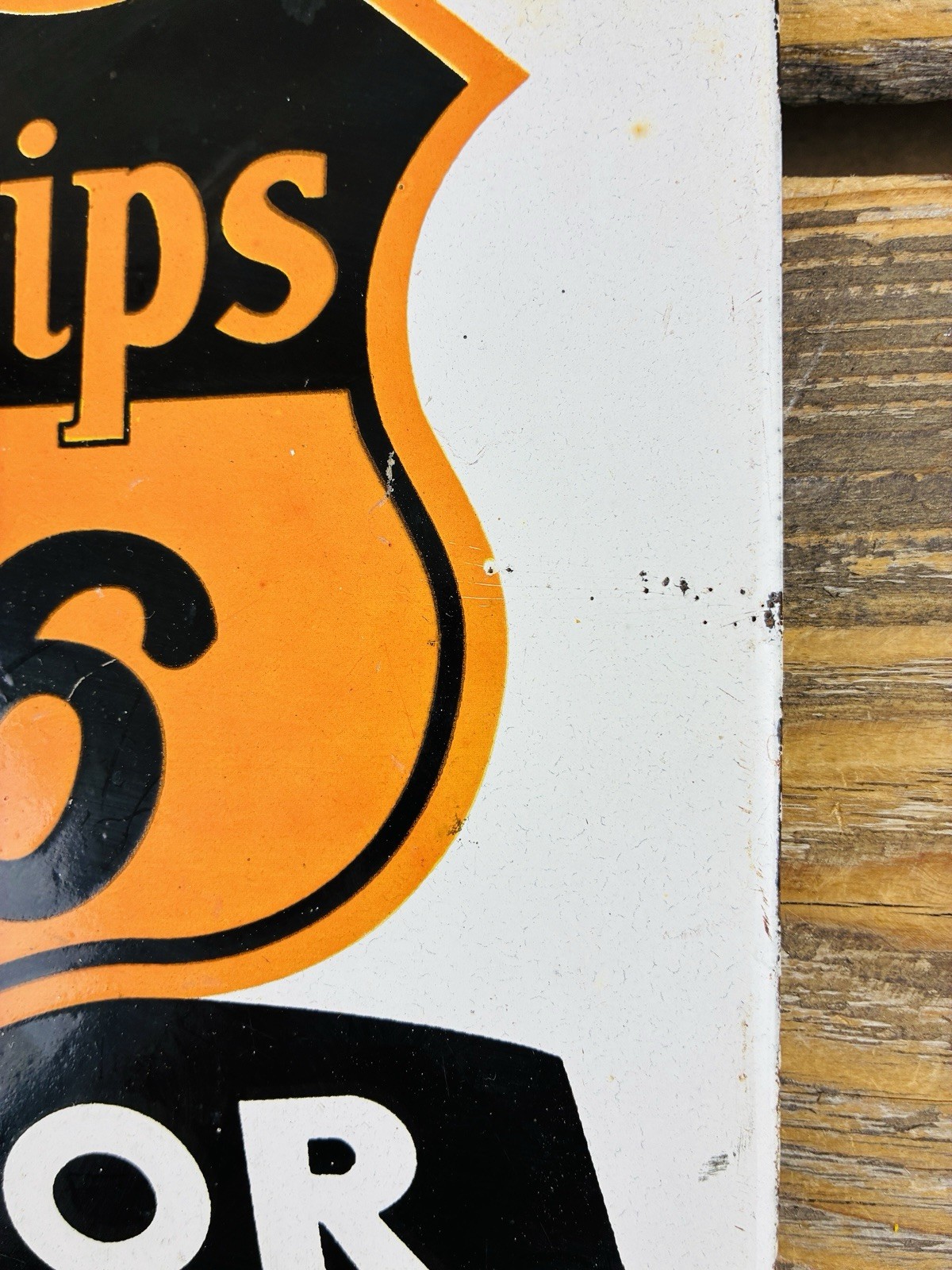VINTAGE 10×8″ PHILLIPS 66 MOTOR OILS GASOLINE PUMP STATION PORCELAIN GAS AD SIGN