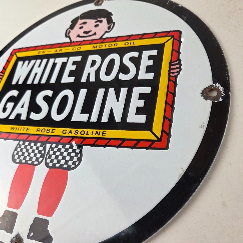 Vintage White Rose Gasoline Sign – En Ar Co Motor Oil Gas Station Pump Sign
