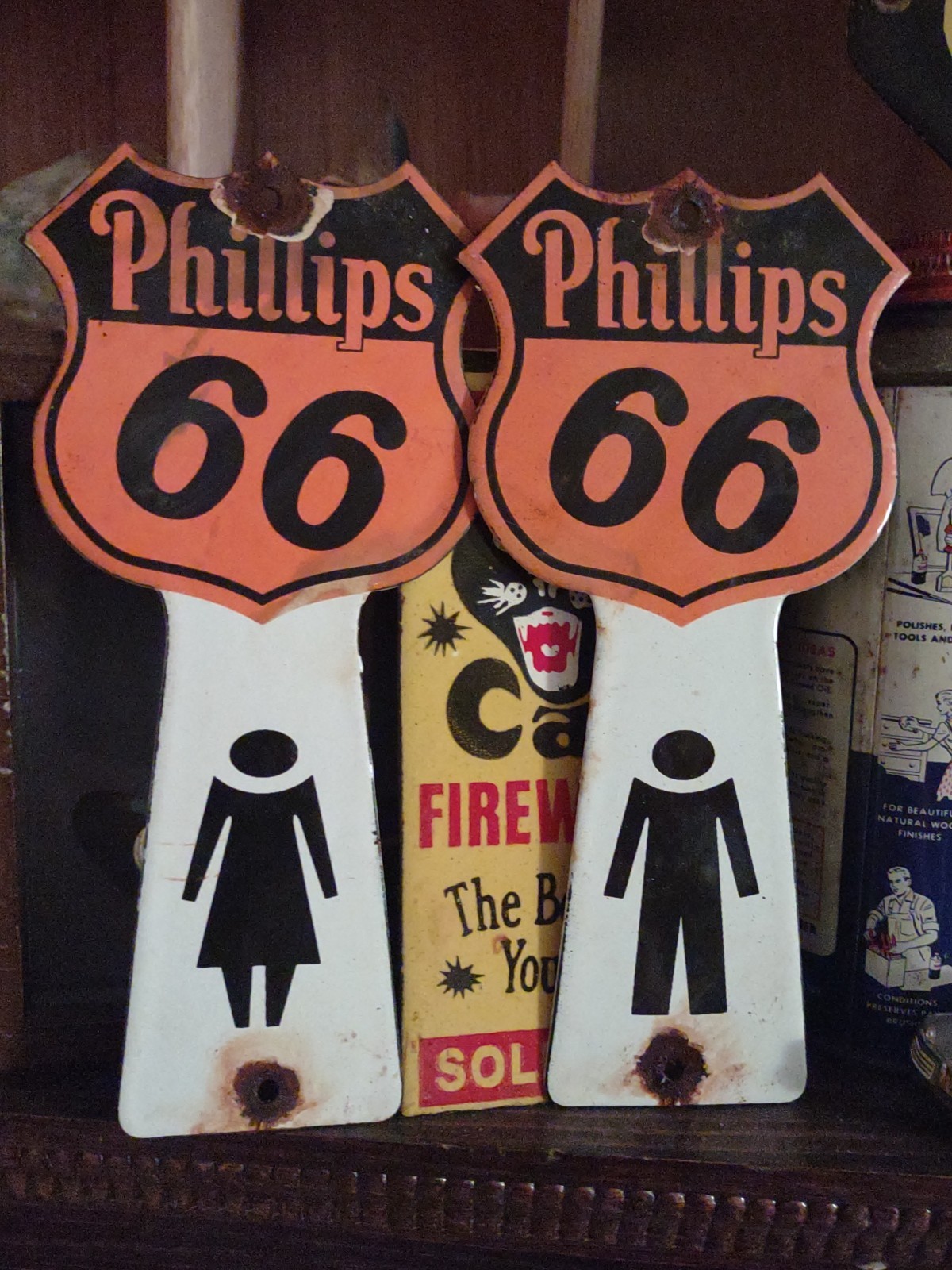VTG Phillips 66 Porcelain Gas Station Sign Pair Restroom Bathroom Key Holder