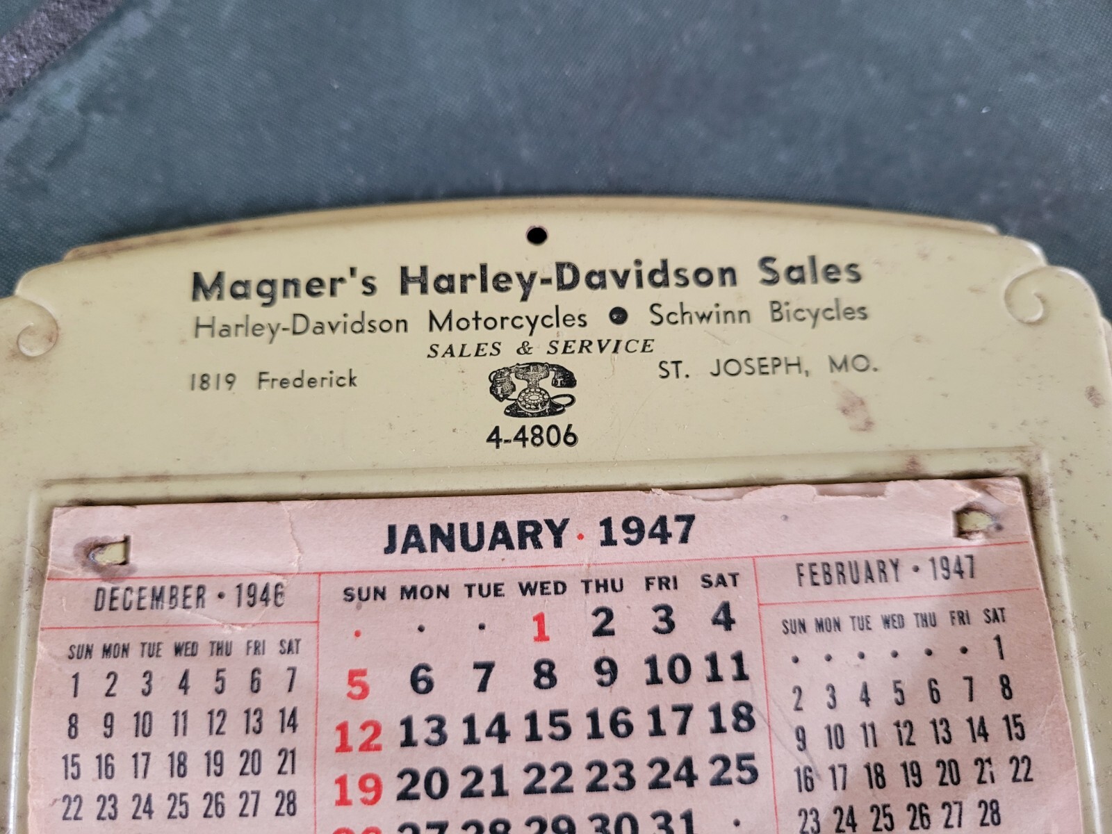 Vintage HARLEY DAVIDSON dealer sign schwinn bicycles 1940s calendar