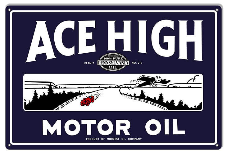 ACE HIGH MOTOR OIL CAR PLANE 18″ HEAVY DUTY USA MADE METAL GAS STATION ADV SIGN