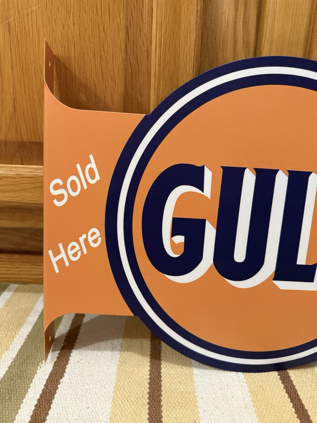 Gulf Gas Oil Flange Sign Sold Here Doubled Sided Garage Vintage Style Wall Decor