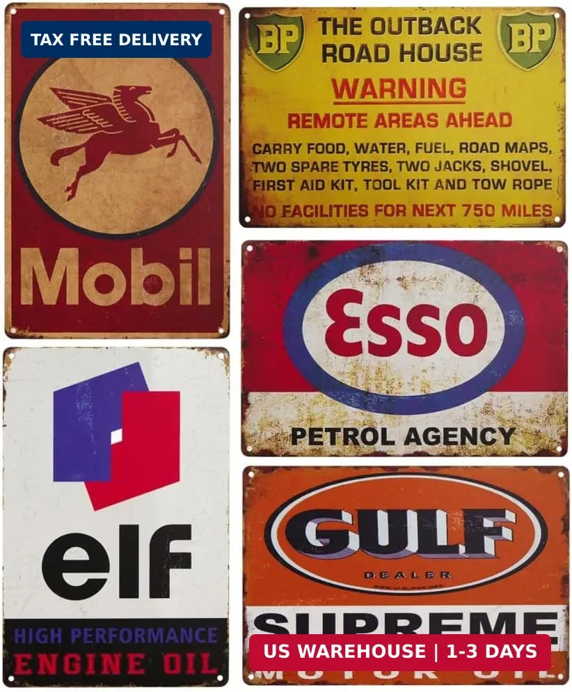Vintage Tin Signs, Set of 5, Metal Motor Oil and Automotive Advertisements, 8 x