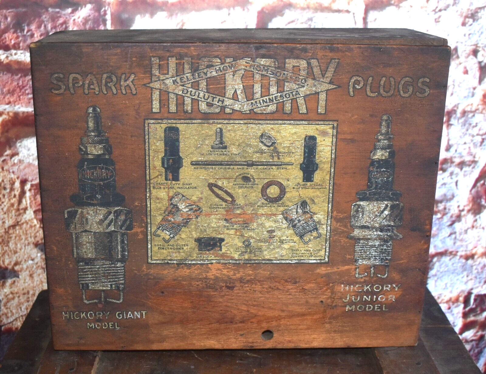 RARE Hickory Duluth MN Spark Plugs Wood Advertising Counter Display Cabinet SIGN