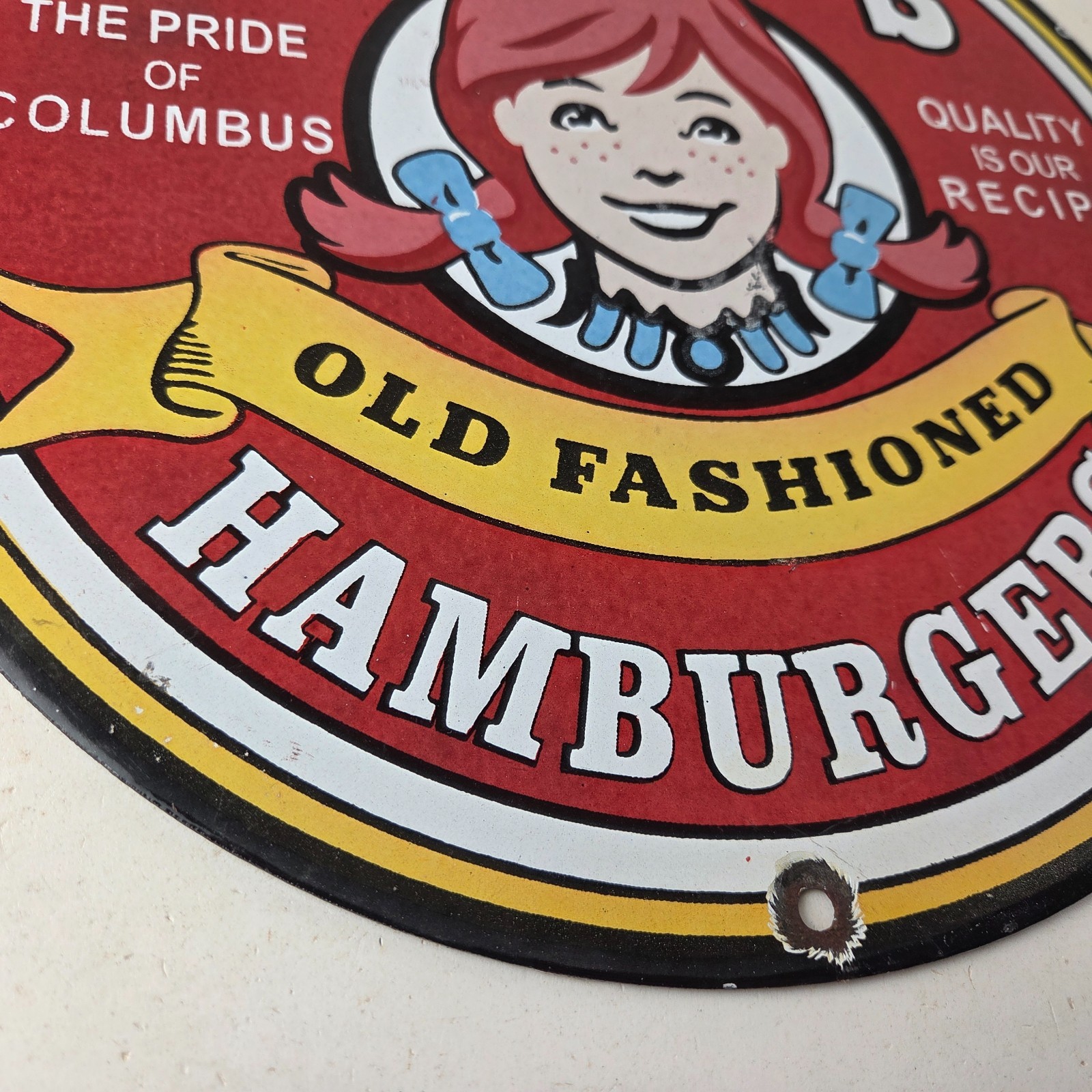 Vintage Wendy’s Hamburgers Sign – Quality Old Fast Food Porcelain Gas Pump Sign