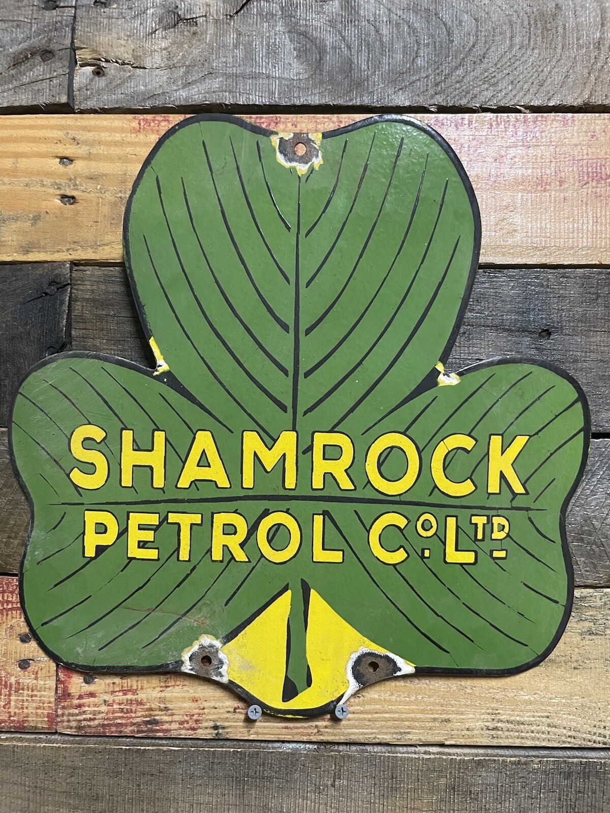 VINTAGE SHAMROCK PETROL PORCELAIN SIGN GASOLINE OIL COMPANY ADVERTISING CLOVER