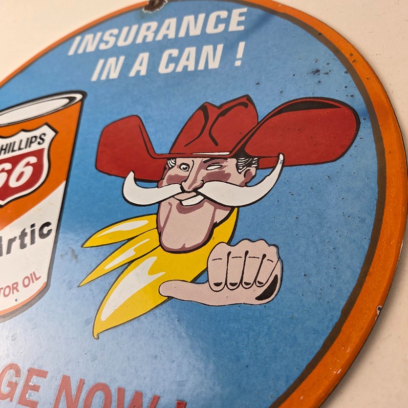 Vintage Phillips 66 Gasoline Sign – Porcelain Cowboy Change Oil Gas Pump Ad Sign