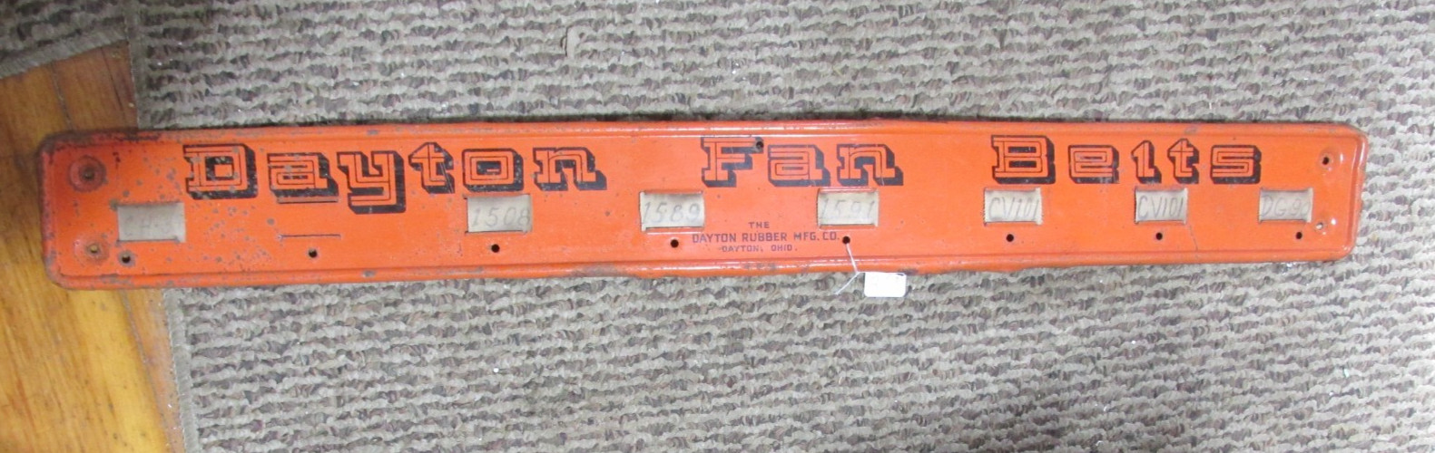 old tin sign-Dayton Fan Belts Dayton Rubber Mfg Dayton,Ohio 34″ x 4″ garage