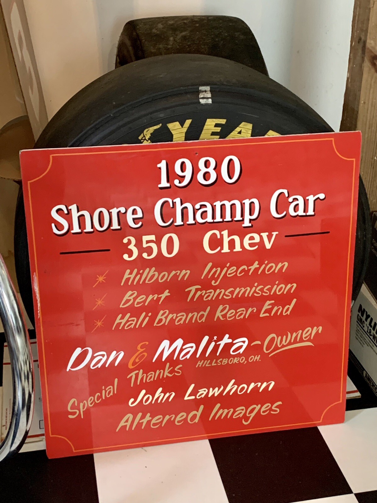 Vintage Chevrolet Sign Advertising 1980 Shore Champ Car 350 Racing Gas Oil Race
