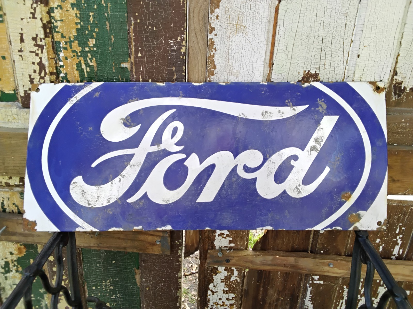 Porcelain Ford Sign approx 24″x10″ Inches Over Steel Service Station White Blue