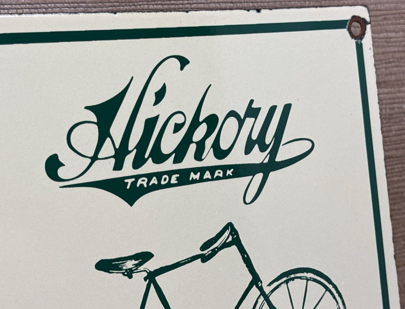 VINTAGE HICKORY BICYCLES PORCELAIN SIGN DEALERSHIP SERVICE WHELL GAS OIL