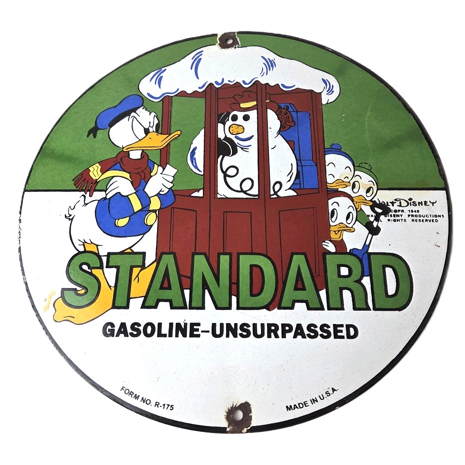 Vintage Standard Gasoline Sign – Porcelain Walt Disney Gas Oil Pump Plate Sign