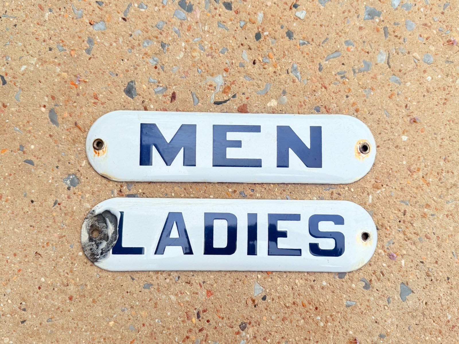 Vintage Gas Station Ladies & Men Bathroom Restroom Porcelain Sign Gas Oil