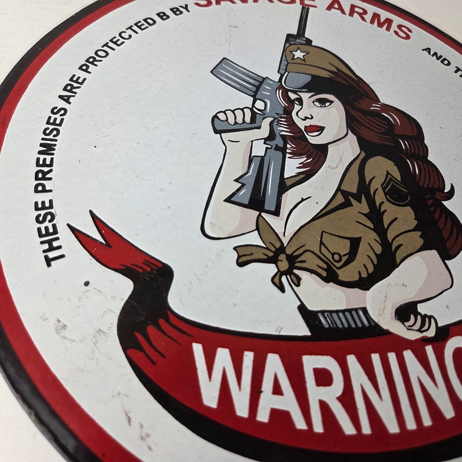Vintage Savage Arms Sign – 2nd Amendment, Warning, Gun Protect Gas Pump Sign