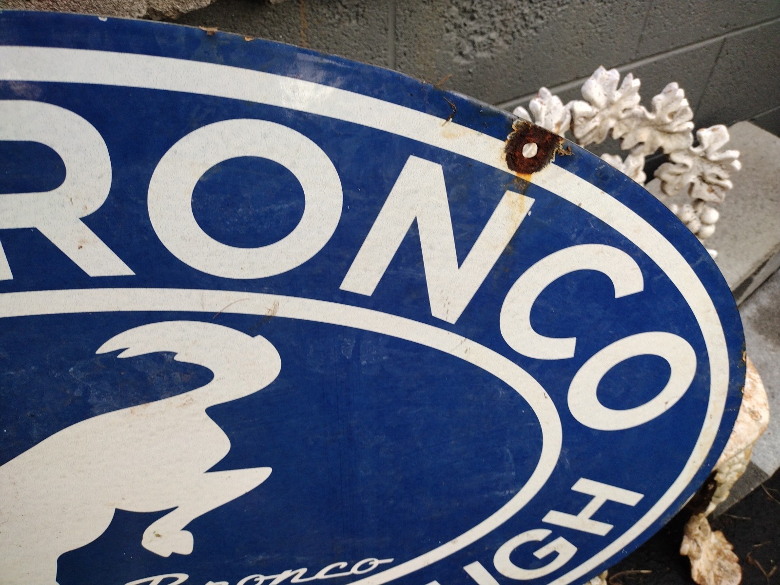 Vtg Dated 1966 Ford Bronco Built Tough 4WD Truck 3FT Porcelain Metal Dsp Sign