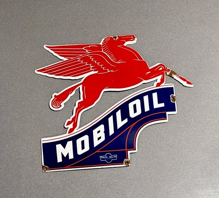 VINTAGE 18” 1929 MOBIL PEGASUS HORSE PORCELAIN SIGN CAR GAS OIL MOTORCYCLE