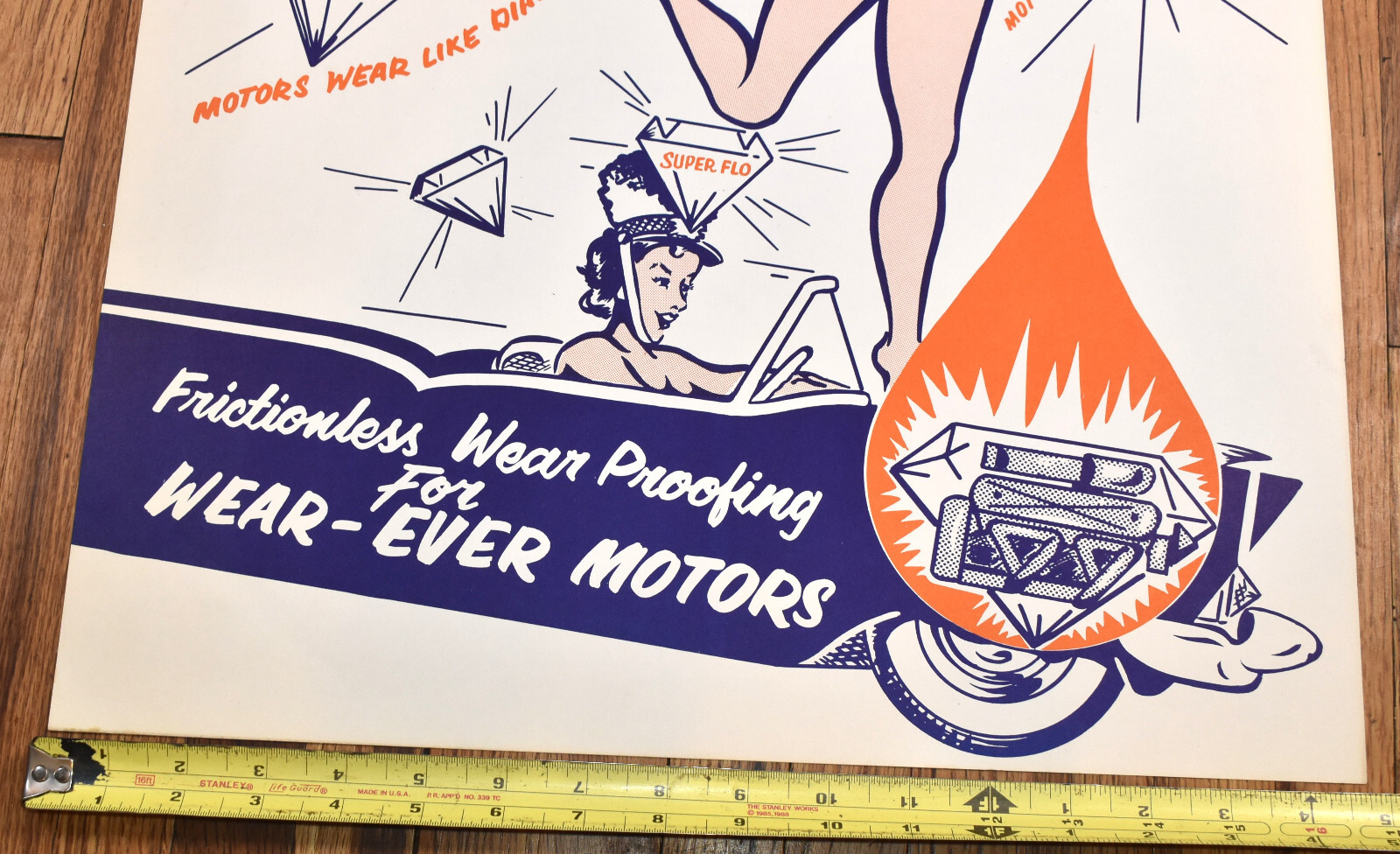 Vintage SUPER FLO WEAR EVER Motors GAS OIL Advertising Poster SIGN ROCKET LADY