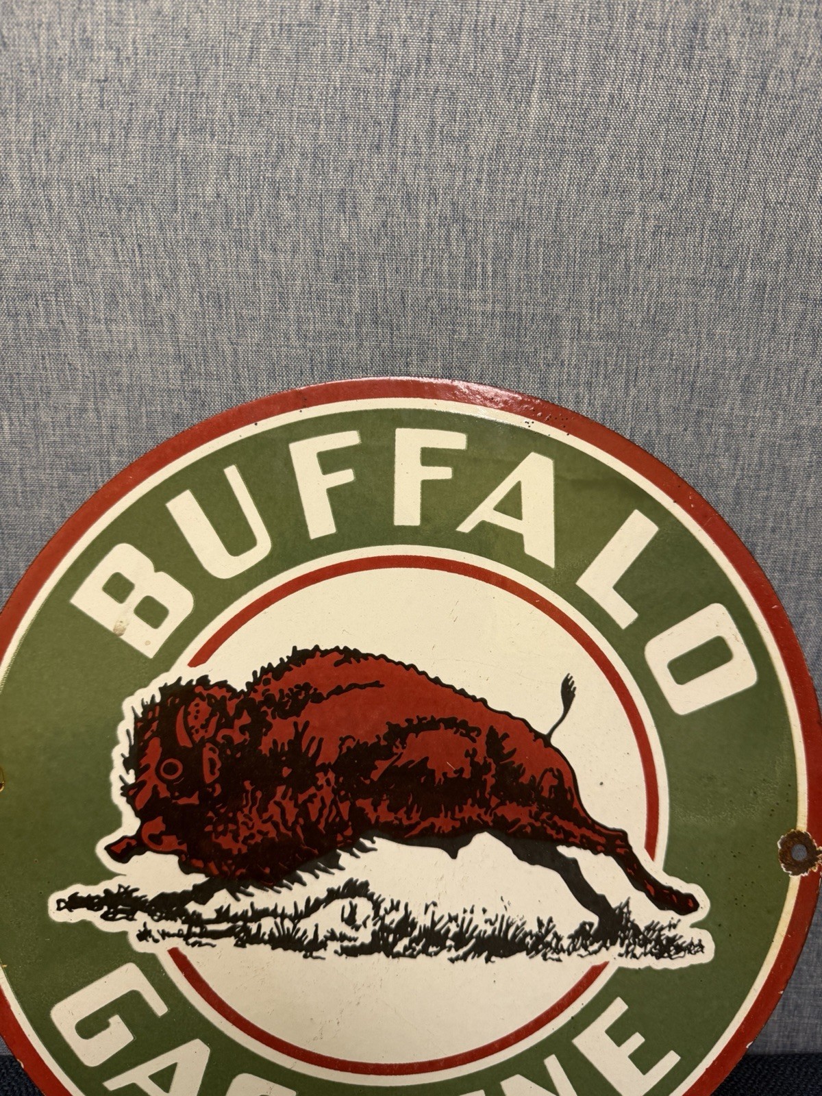 Vintage Buffalo Gasoline Sign – Gas Motor Oil Pump Plate Porcelain Sign