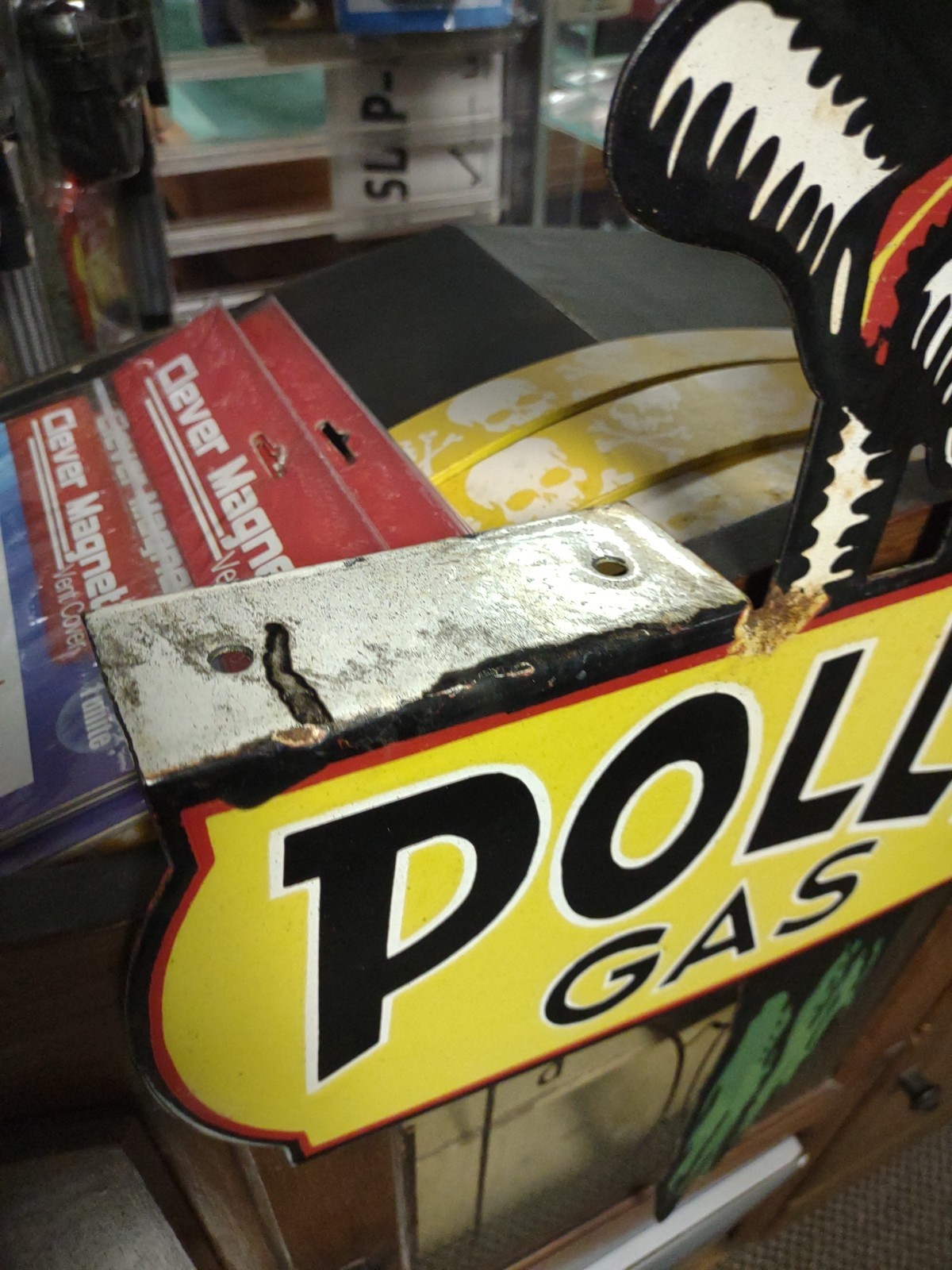 VINTAGE LARGE POLLY PORCELAIN FLANGE SIGN MOTOR OIL GASOLINE PARROT GAS 3FT