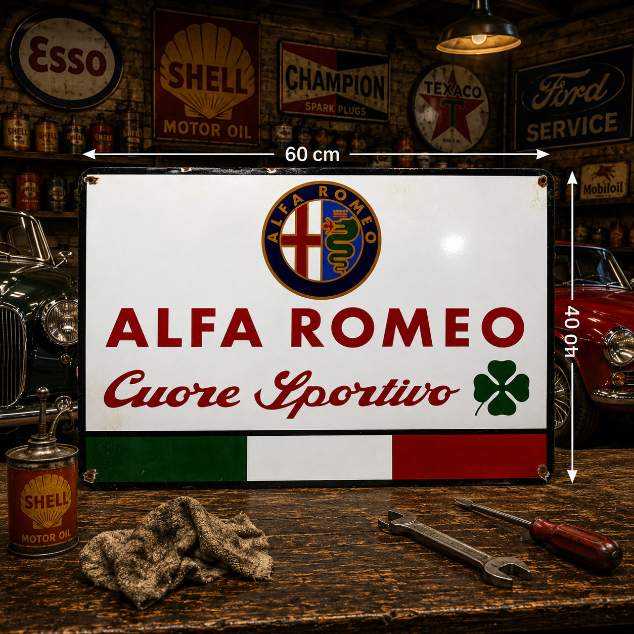 Rusty Alfa Romeo Cuore Sportivo Heavy Metal Sign – 60×40 cm (23.6” × 15.7”)