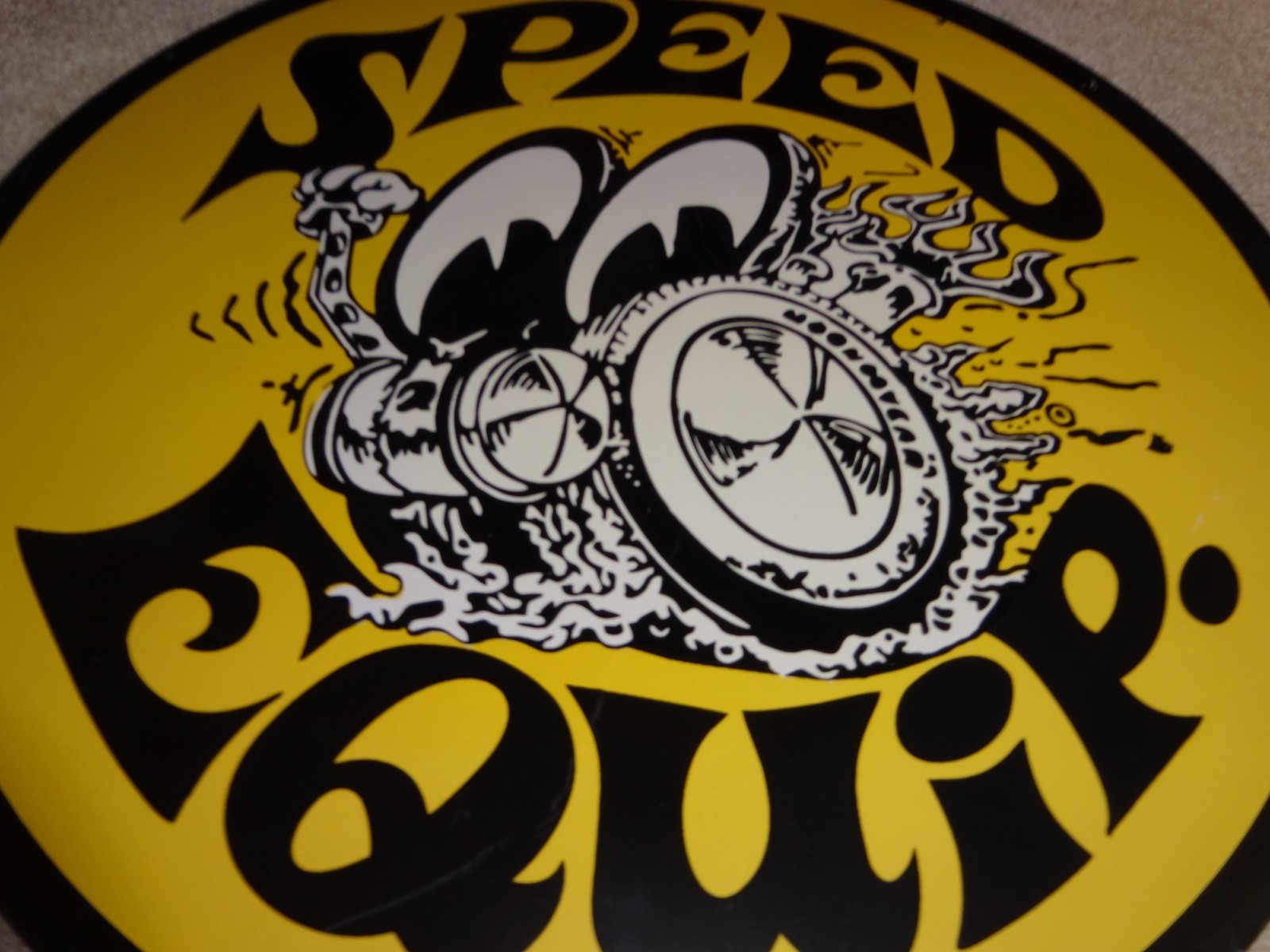 VINTAGE 1961 MOON EYES SPEED EQUIPMENT 11 3/4″ PORCELAIN METAL GASOLINE OIL SIGN