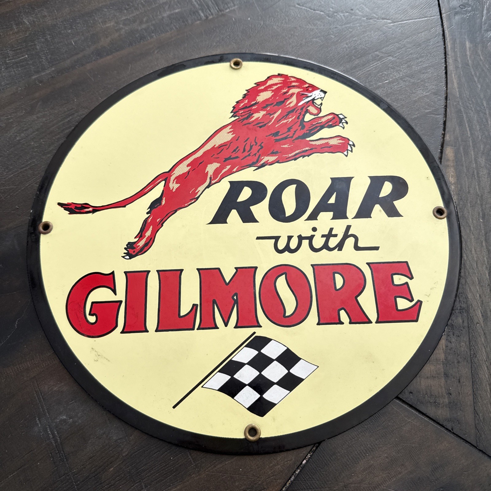 VINTAGE ROAR WITH GILMORE 11.75″ PORCELAIN METAL GASOLINE & OIL SIGN