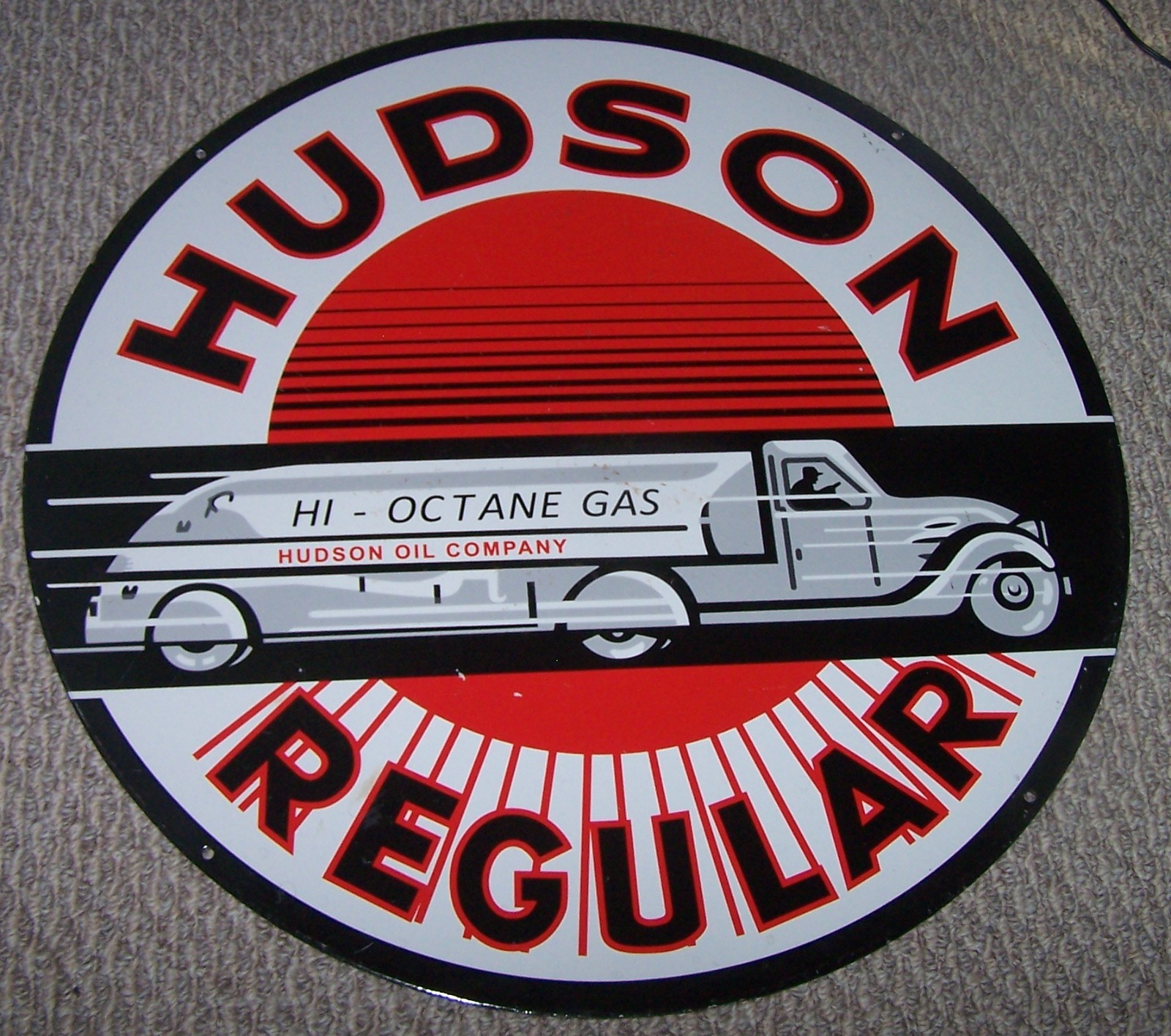 Large 24 In Diameter Hudson Regular 2 Sided Porcelain Sign Hi-Octane Gas Oil