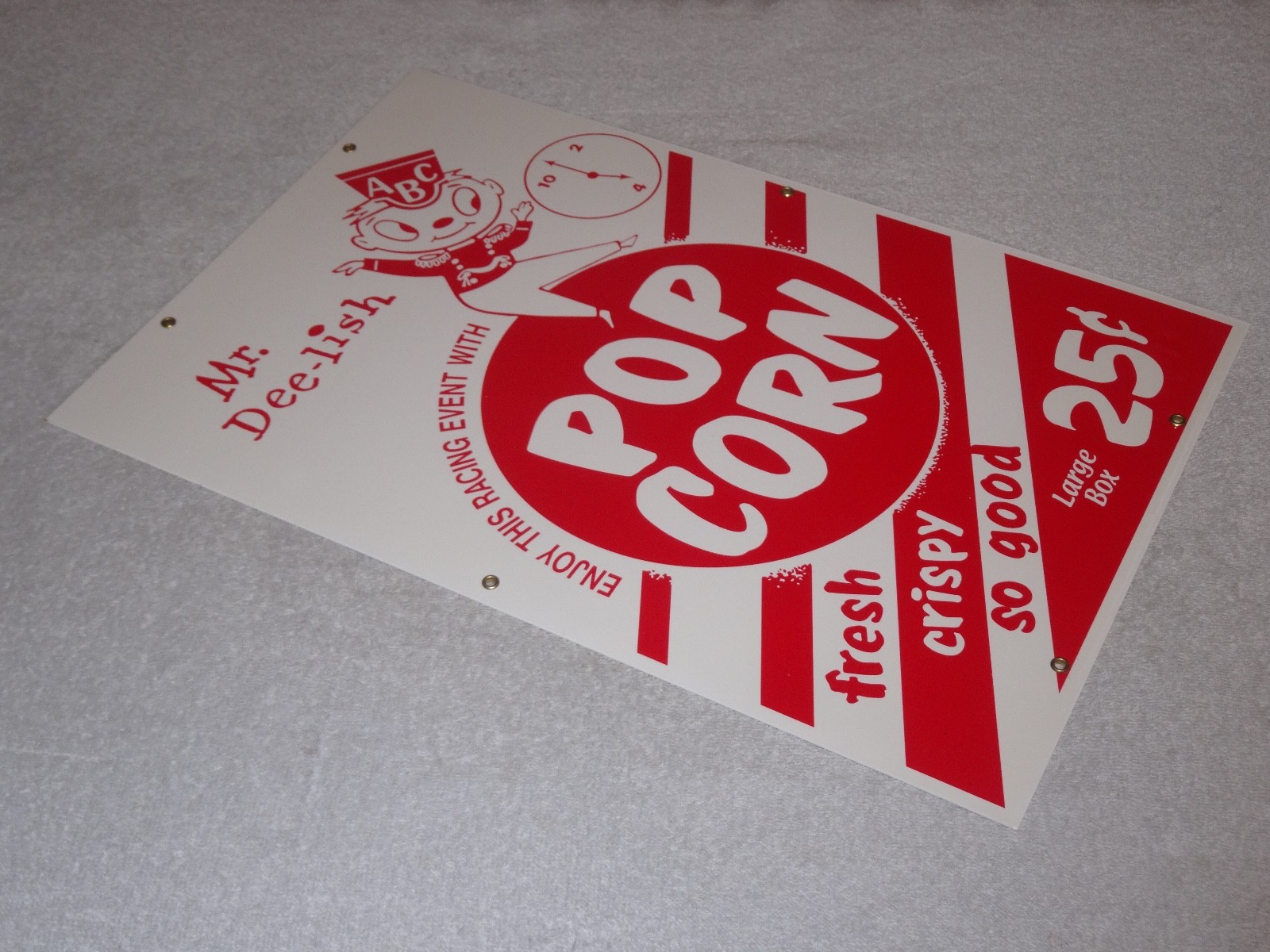 VINTAGE POPCORN 25 CENTS & MR. DEE-LISH 18″ PORCELAIN METAL GASOLINE & OIL SIGN!