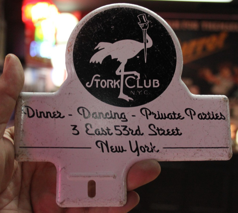 RARE 1950s STORK CLUB NEW YORK CITY STAMPED PAINTED METAL TOPPER SIGN TOP HAT